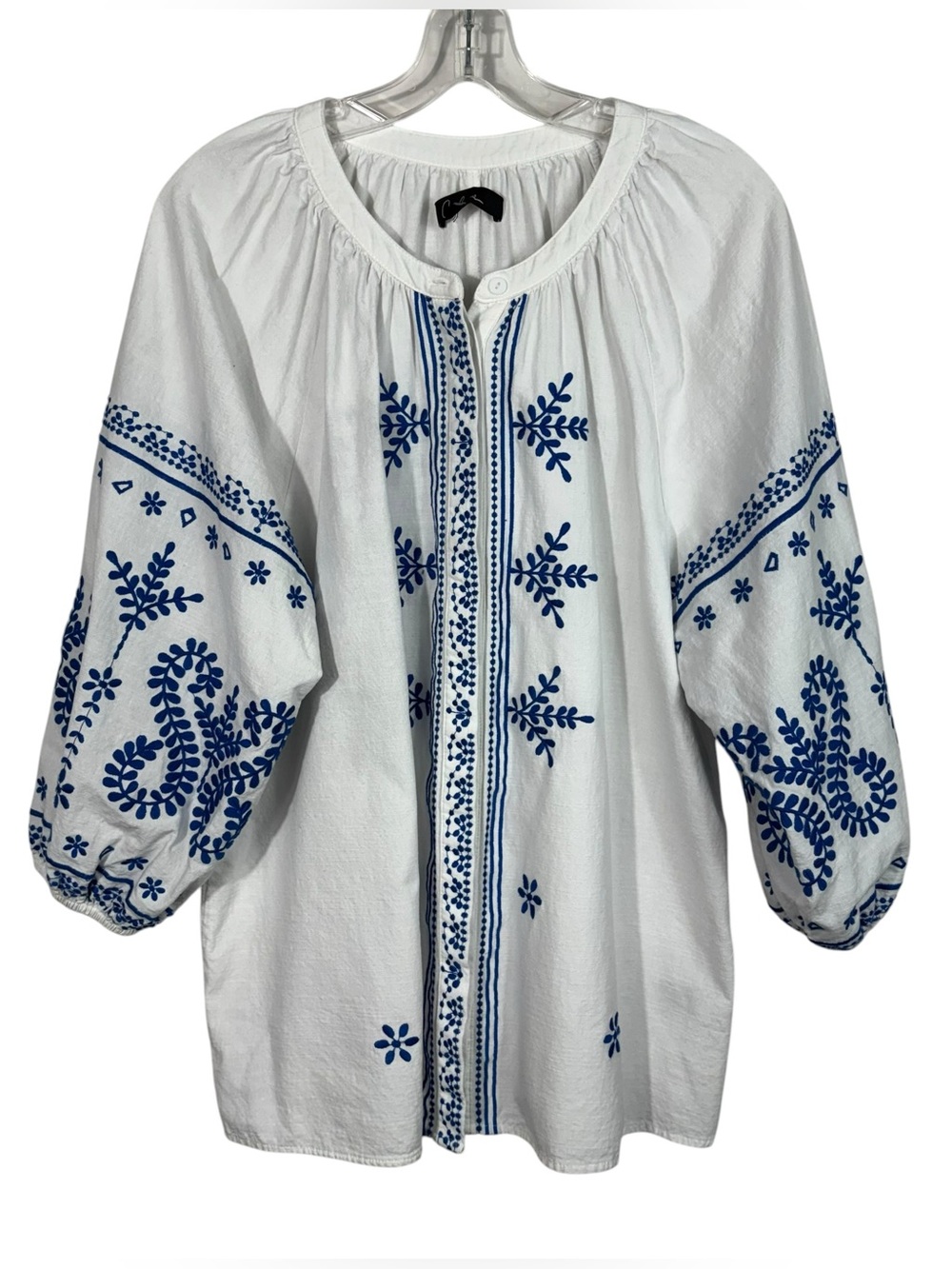 Calessa Boutique White Blue Embroidered Peasant Billow Sleeve Blouse Large L